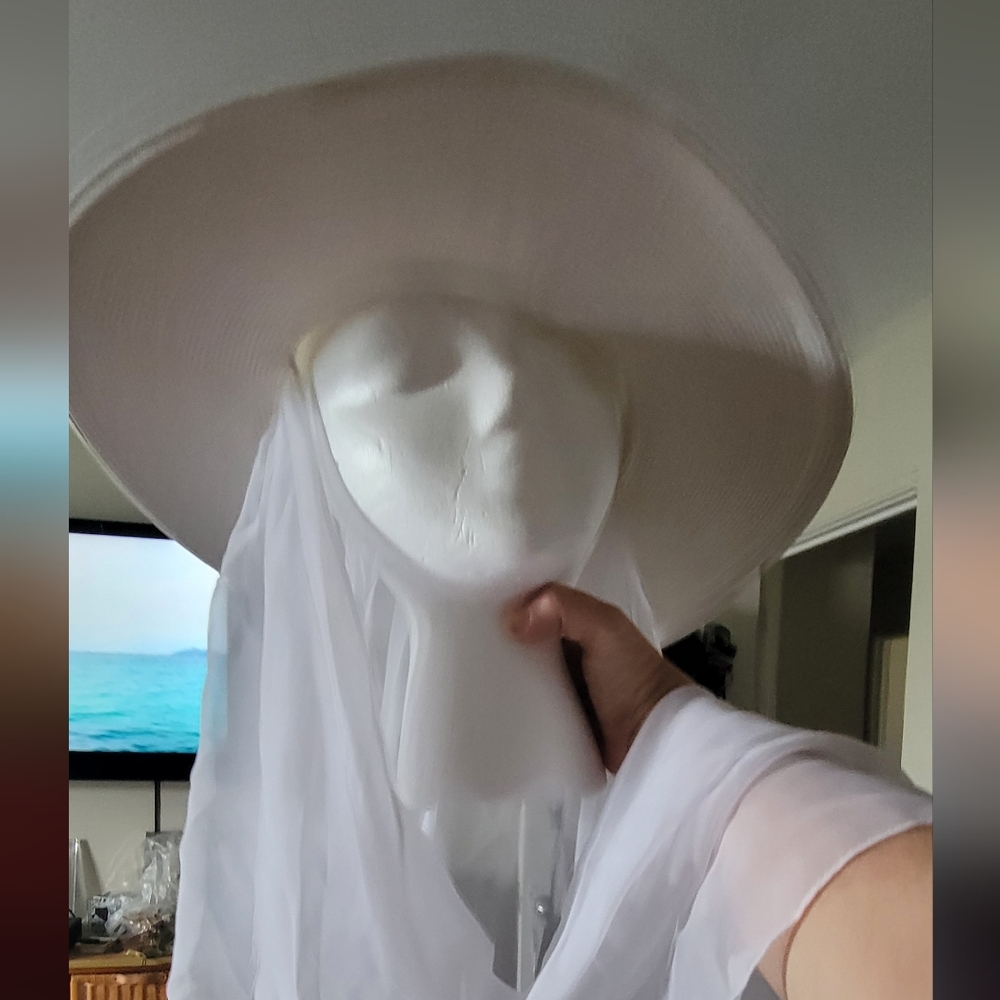 Whitall and Shon white hat with flowing chiffon